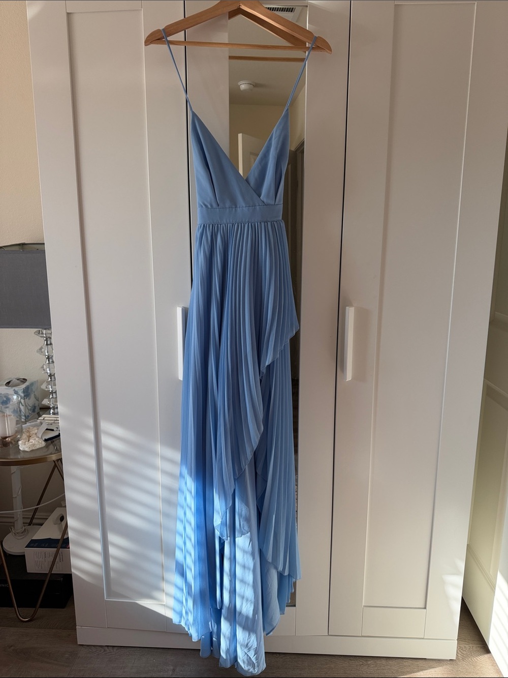 Light Blue Pleated Maxi Dress with V-Neck